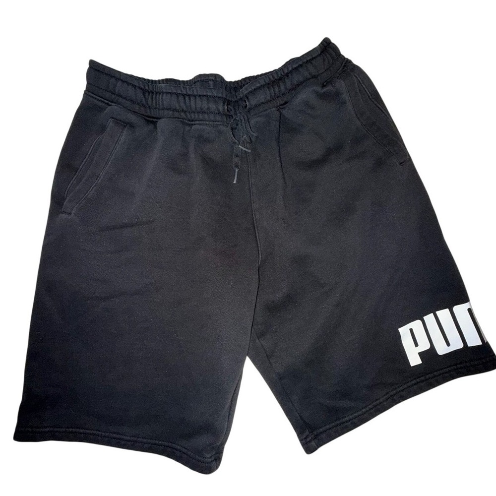 Puma Mens Fleece Shorts Black White Logo Drawstring Pockets Size Medium